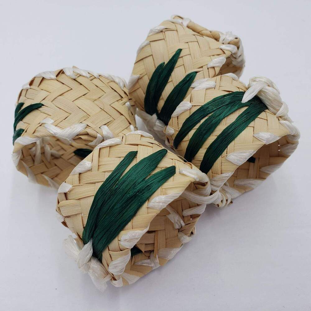 Rattan Wicker Weaved Raffia White Flower and Leaves Napkin Rings Set of 4 Vtg